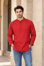 Red Full Sleeve Slub Cotton Shirt Length Men's Kurta 10077839