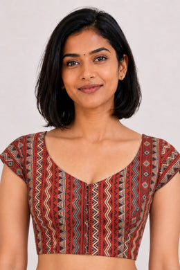 Red Handcrafted Ajrakh Printed Cotton Blouse 10066046
