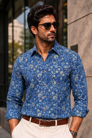 Blue Full Sleeve Ajrakh Printed Cotton Mens Shirt 10073162