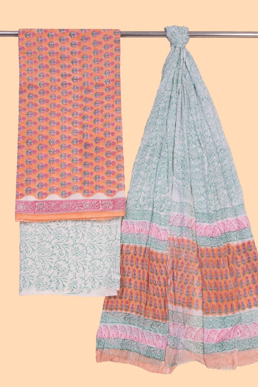 Orange 3-Piece Cotton Salwar Suit Material With Chiffon Dupatta 10070118