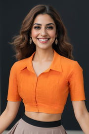 Orange Handcrafted Slub Cotton Solid Style Blouse 10073198