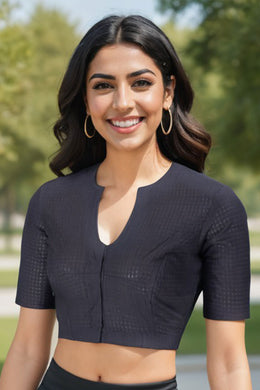 Black Handcrafted Slub Cotton Solid Style Blouse 10073400