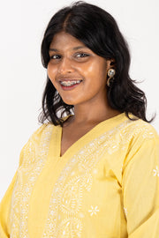 Yellow Chikankari Embroidery Cotton Kurta 10074386