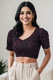 Maroon Floral Motif Indigo Hand Block Print Cotton Blouse 10074602