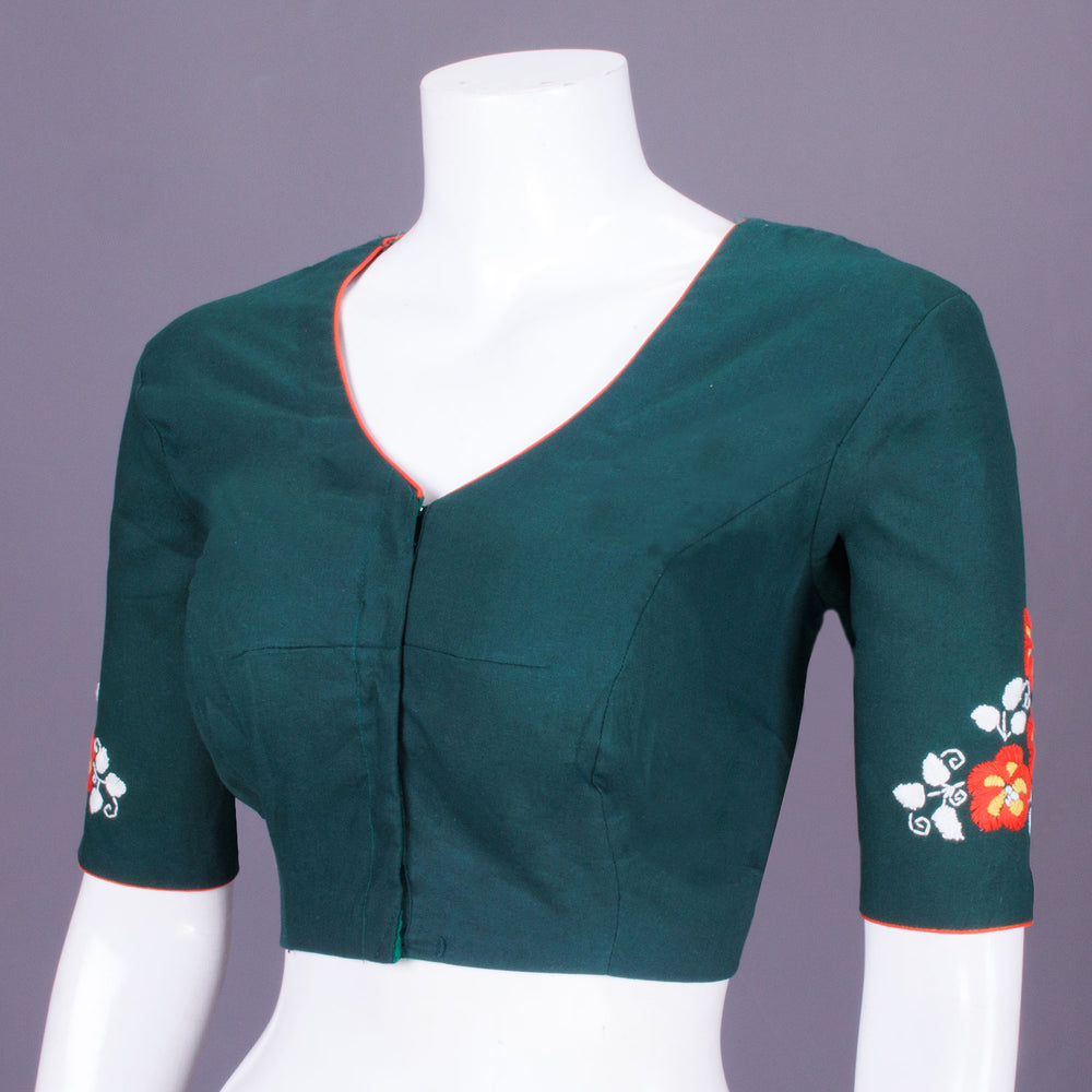 Green Kantha Embroidered Cotton Blouse 10069756 - Avishya