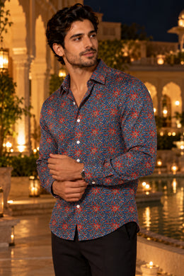 Blue Ajrakh Printed Vegan Modal Silk Mens Shirt 10078095