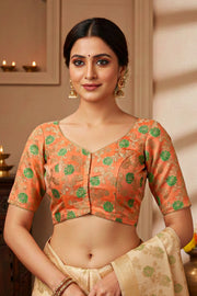 Orange Banarasi Organza Blouse with Floral Motif 10076218