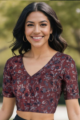 Brown Hand Block Jahota Printed Cotton Blouse 10075016