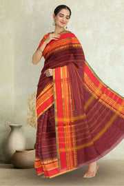 Maroon Handloom Chettinad Cotton Saree With Temple Border 10075905