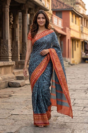 Aqua Blue Printed Semi Tussar Silk Saree 10077232