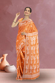 Orange Handloom Jamdani Style Cotton Saree with Blouse 10074226