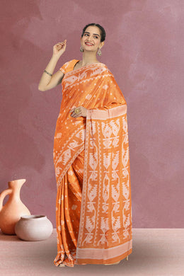 Orange Handloom Jamdani Style Cotton Saree with Blouse 10074226