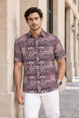 Black Half Sleeve Ajrakh Printed Cotton Mens Shirt 10071089