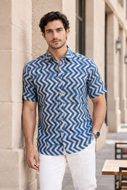 Indigo Handblock Print Pre-Washed Pure Cotton Shirt 10076222