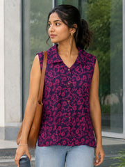 Purple Hand block Printed Women Sleevless Shirt 10077178