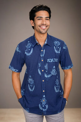 Indigo Handblock Print Pre-Washed Pure Cotton Shirt 10074614