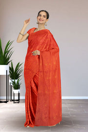 Orange Handloom Jamdani Style Cotton Saree with Blouse 10074372