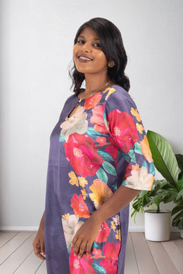 Grey Printed Vegan Charmeuse Silk Dress 10073753