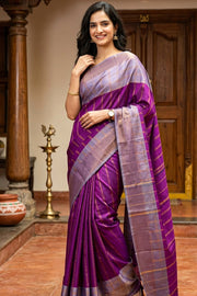 Purple Vegan Silk Kanjivaram Saree With Stripes Design 10076348