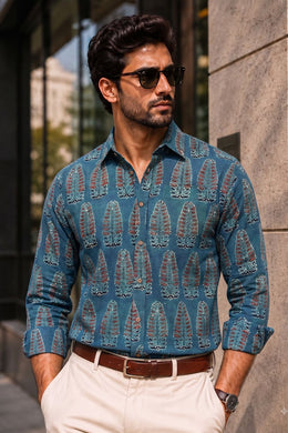 Blue Full Sleeve Ajrakh Printed Cotton Mens Shirt 10071168