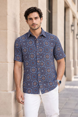 Blue Half Sleeve Ajrakh Printed Cotton Mens Shirt 10071095