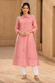 Pink Hand Embroidered Cotton Kurta 10077662