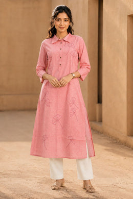 Pink Hand Embroidered Cotton Kurta 10077662