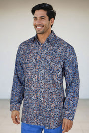 Blue Full Sleeve Ajrakh Printed Cotton Mens Shirt 10071157