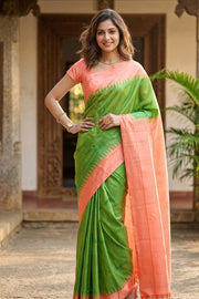 Fresh Green Gadwal Kutu Silk Saree With Peach Temple Border 10077057