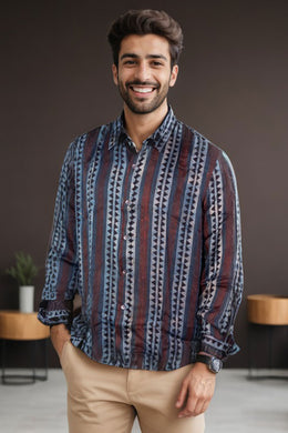 Blue Full Sleeve Jahota Print Modal Silk Mens Shirt 10074382