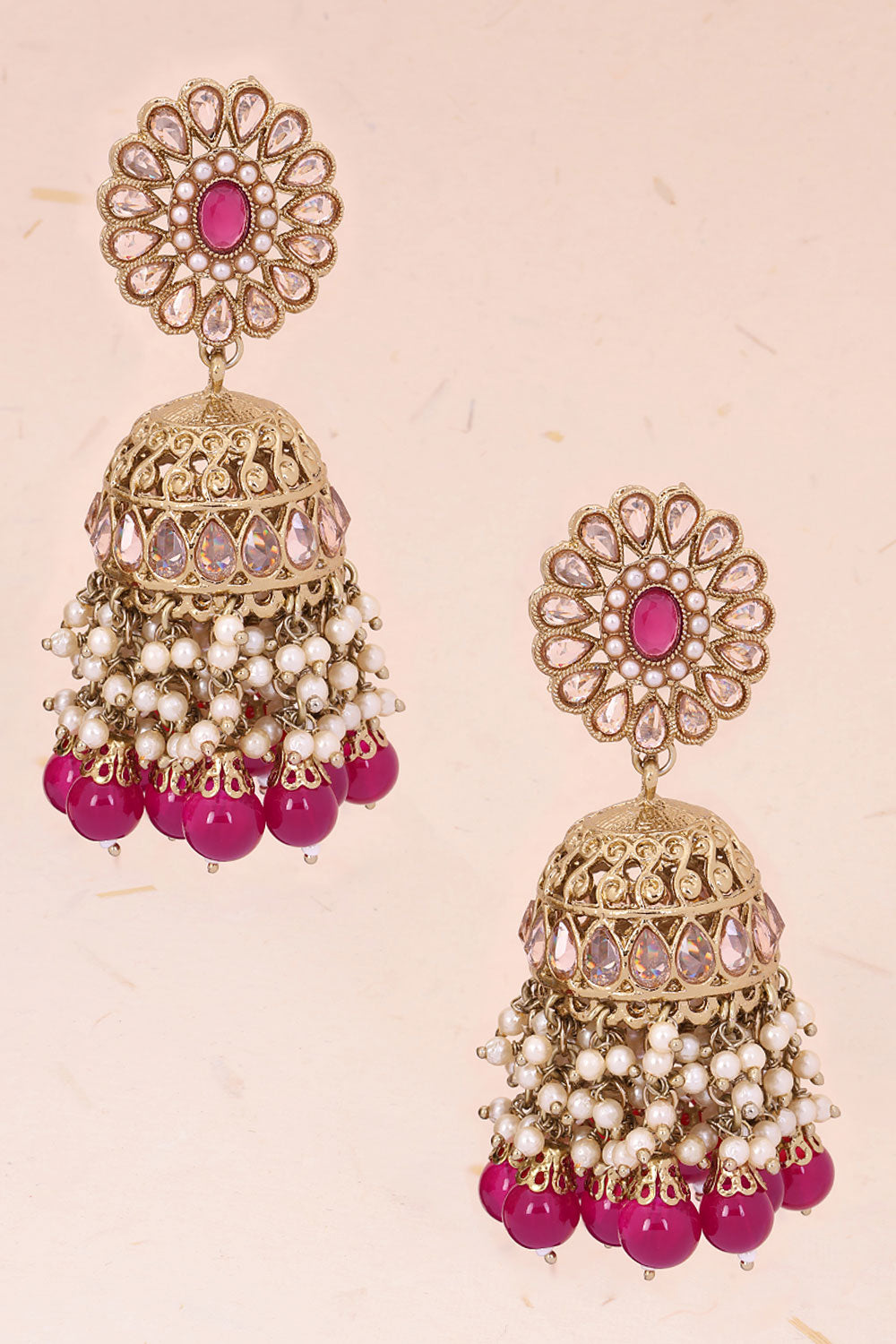 Handcrafted Pink Stones Cluster Beads Drop Jhumka Earrings 10069656