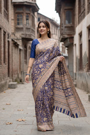 Navy Blue Kani Printed Silk Saree 10077864