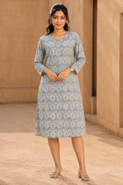 Denim Blue Hand Block Printed Cotton Dress 10077631