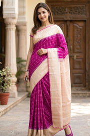 Magenta Gadwal Kuttu Silk Saree With Temple Border 10077051