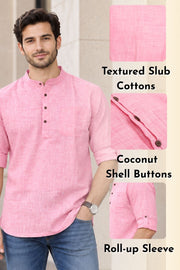 Pink Full Sleeve Slub Cotton Shirt Length Men's Kurta 10077837