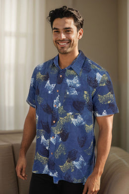 Blue Half Sleeve Ajrakh Printed Cotton Mens Shirt 10072913