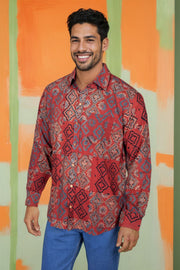 Red Full Sleeve Ajrakh Printed Cotton Mens Shirt 10073164