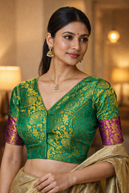 Peacock Whisper Green Kanjivaram Soft Silk Brocade Blouse With Floral Border 10076631