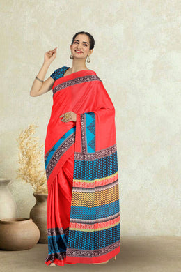 Red Printed Semi Tussar Silk Saree 10074900