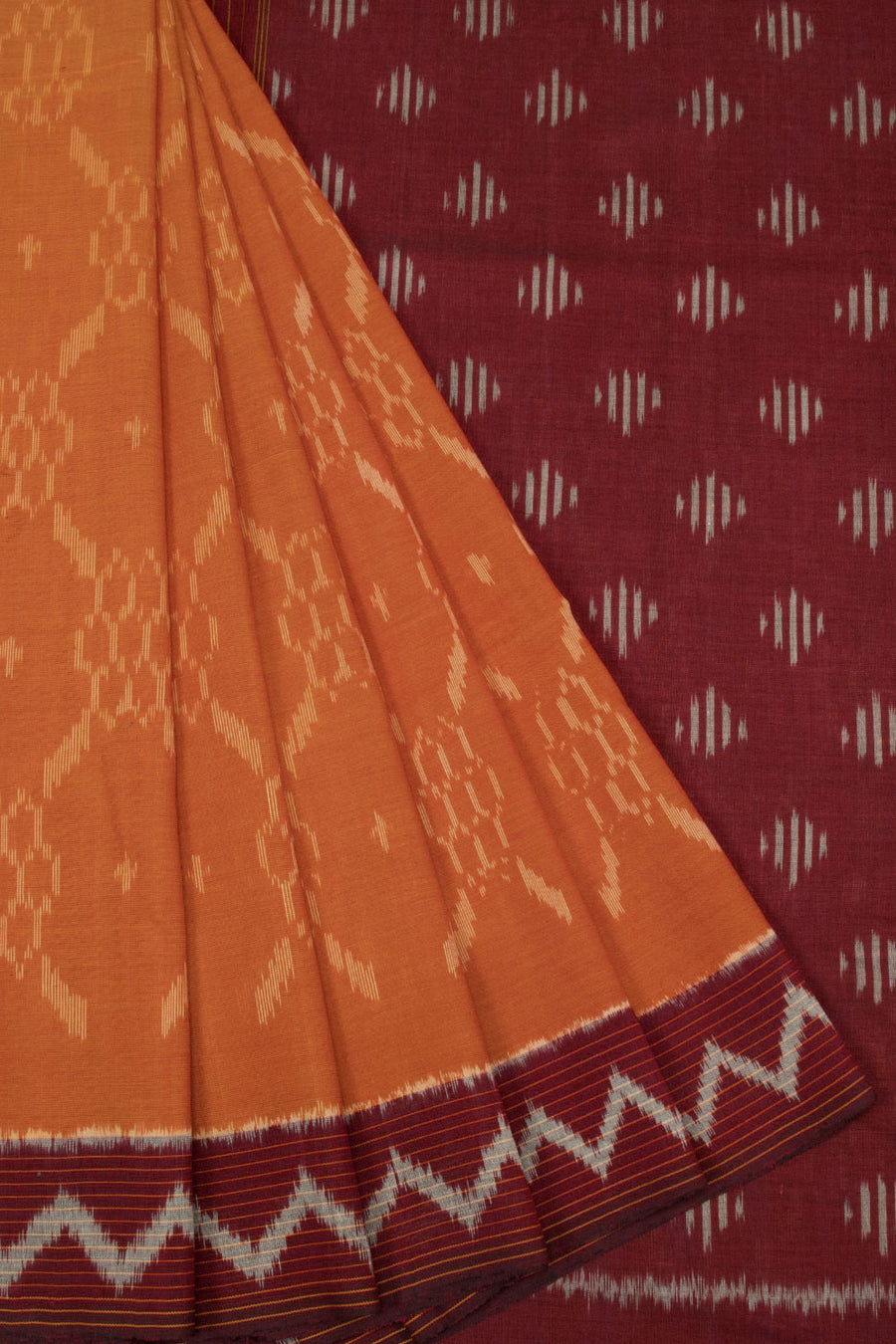 Orange with Brown Handloom Pochampally Ikat Cotton Saree - Avishya