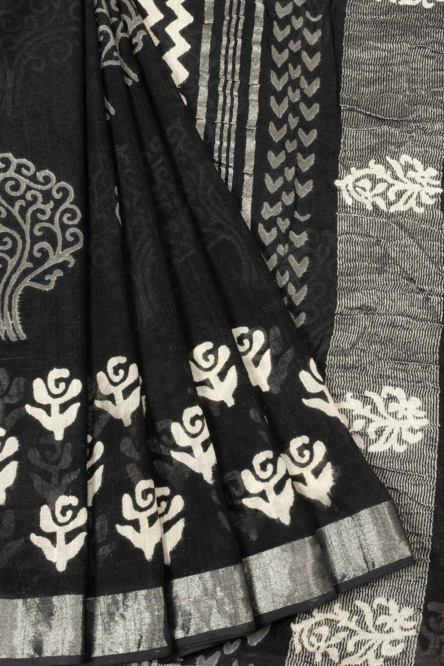 Black and White Printed linen saree - Avishya