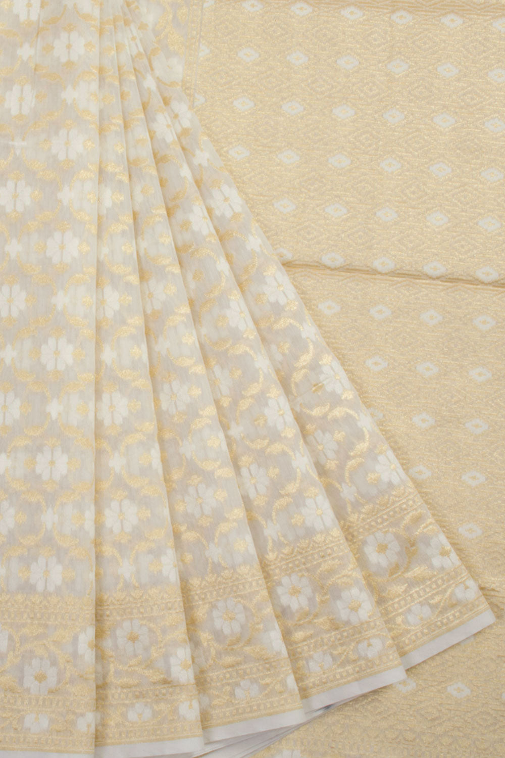 White Handloom Banarasi Cotton Saree 10061299