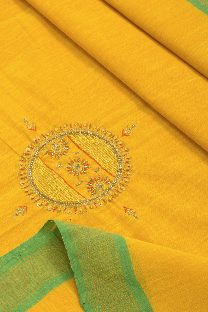 Mango Yellow Aari Embroidered Mangalgiri Cotton Blouse Material 10062416