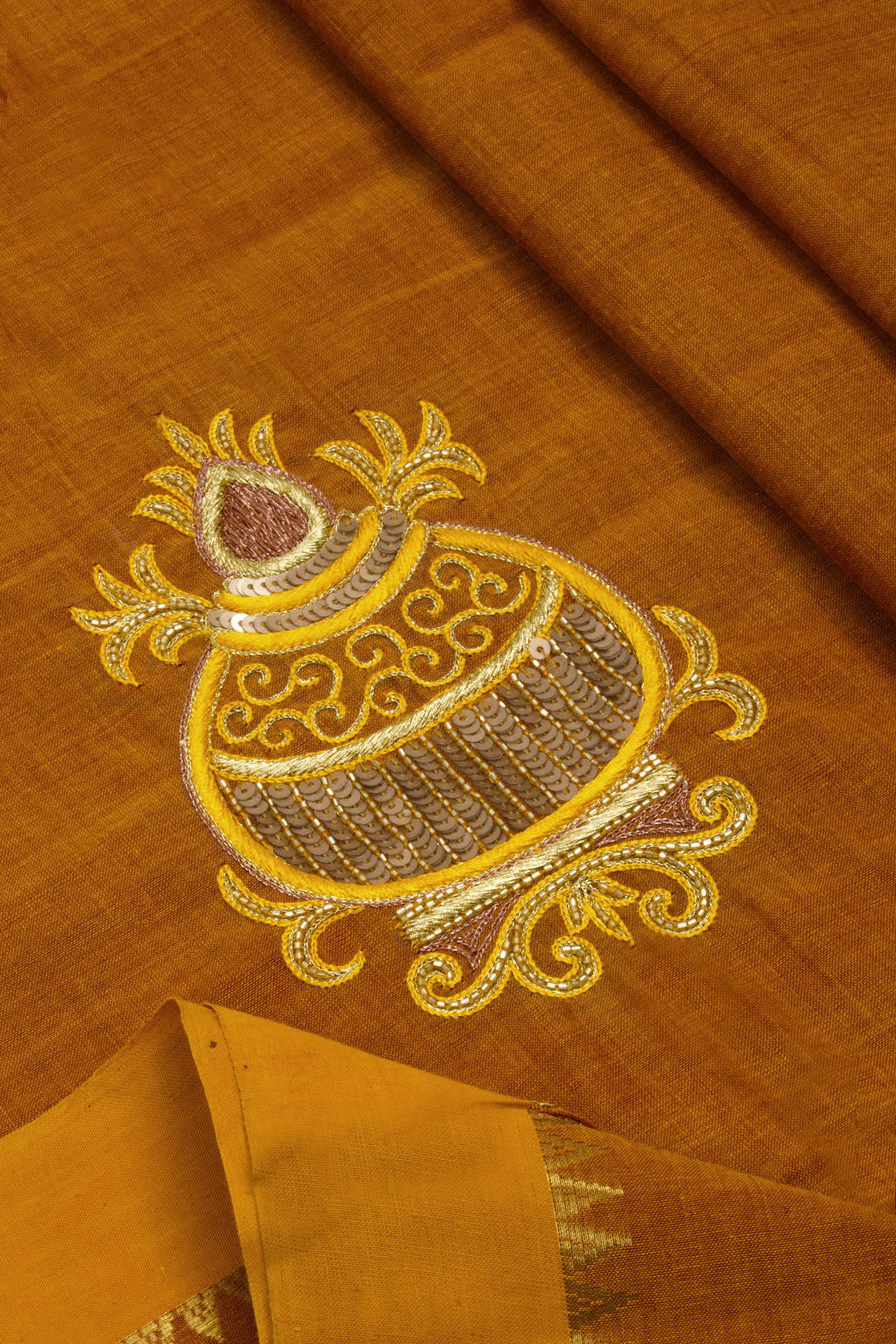 Sienna Orange Aari Embroidered Mangalgiri Cotton Blouse Material 10062421