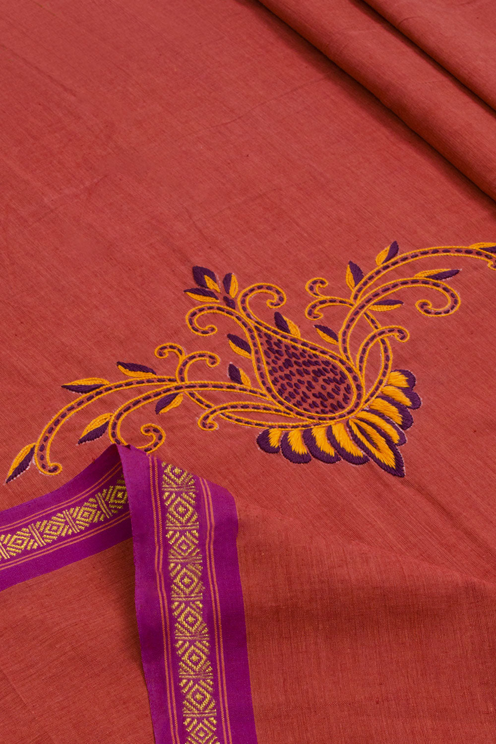 Orangey Red Aari Embroidered Mangalgiri Cotton Blouse Material 10062424