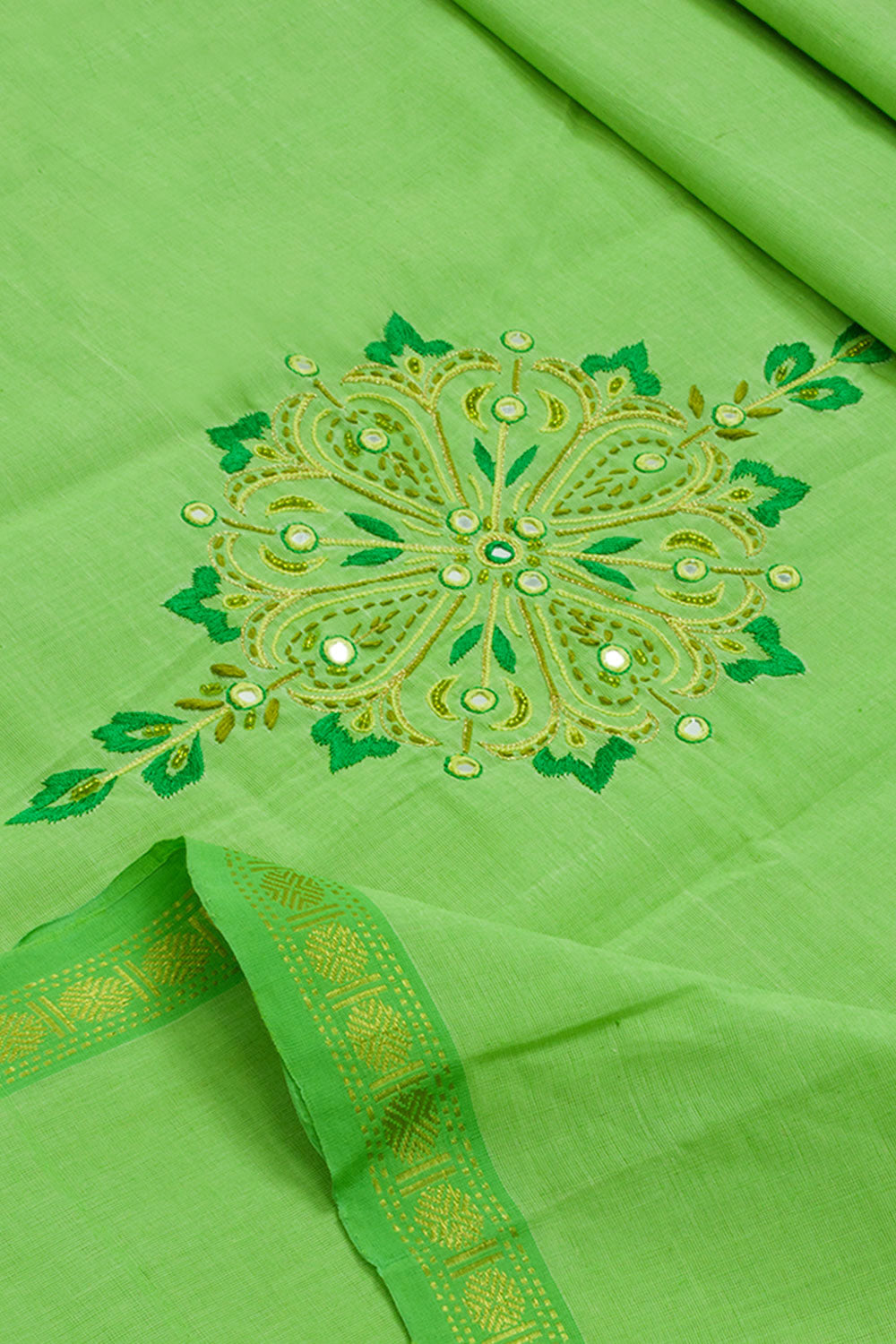 Pastel Green Aari Embroidered Mangalgiri Cotton Blouse Material 10062425