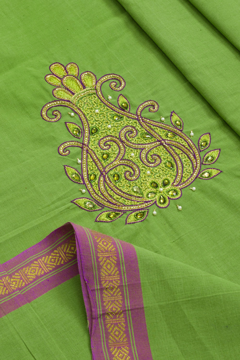 Leaf Green Aari Embroidered Mangalgiri Cotton Blouse Material 10062426