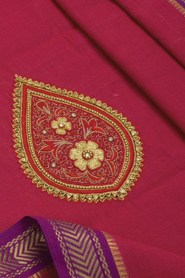 Maroon Aari Embroidered Mangalgiri Cotton Blouse Material 10062434