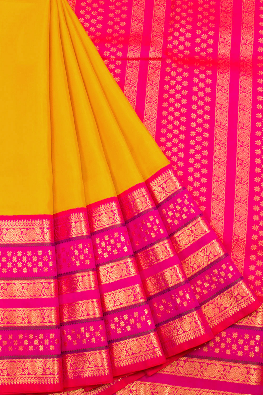 Golden Bell Yellow Pure Zari Bridal Korvai Kanjivaram Silk Saree 10062475