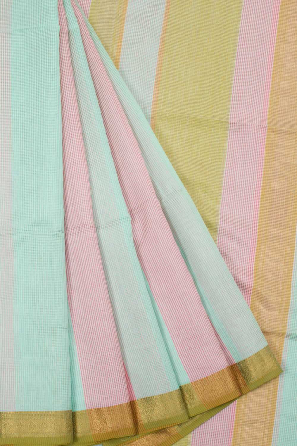 Pastel Green & Pink Handloom Maheswari Silk Cotton Saree 10062606